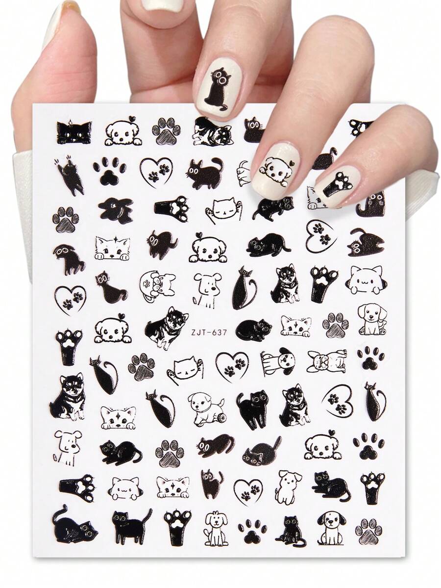 1片黑白動物圖案指甲藝術貼紙，5D浮凸簡單線條風格貓狗圖案少女手指甲藝術DIY裝飾貼紙 - 彩色 - 查看 1