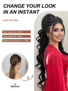 Extensiones de cola de caballo de cabello sintético ondulado marrón de 24-26 pulgadas de largo, fibra resistente al calor, diseño de pinza, adecuado para uso diario - Negro - Ver 2