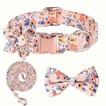 Floral Chic 4pcs Pet Collar Set – Bow Tie & Blossom Accents - Adjustable Comfort For Stylish Pets