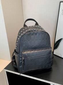 Punk Style Rivet Skulls Backpack, Large Capacity PU Leather Women's Shoulder Bag, Four Seasons New Arrival, Suitable For Students, School Backpack, Halloween Bags Perfect For Fancy Party Matching With Halloween Costumes - Black - View 5