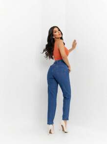 Women Jeans - 深色水洗藍 - 查看 2
