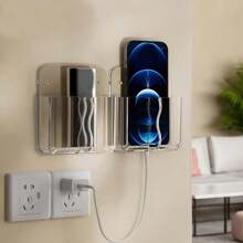 1pc Wall-Mounted Remote Control And Mobile Phone Holder, No Hole Charging Bracket, Transparent Design Storage Box For TV And Air Conditioner Remote Controls. Space-Saving Organizer - Multicolor - View 5