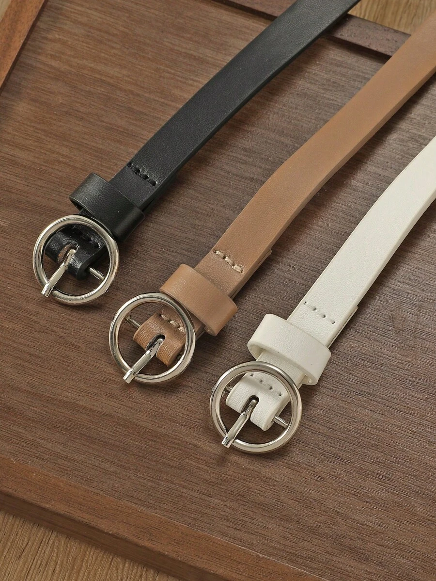3pcs/Set Women's Multi-Color PU Dress Belt With Silver Circle Buckle, Fashionable Thin Waist Belt For Daily Use Summer, School Fall, Autumn, Halloween - Multicolor - View 1