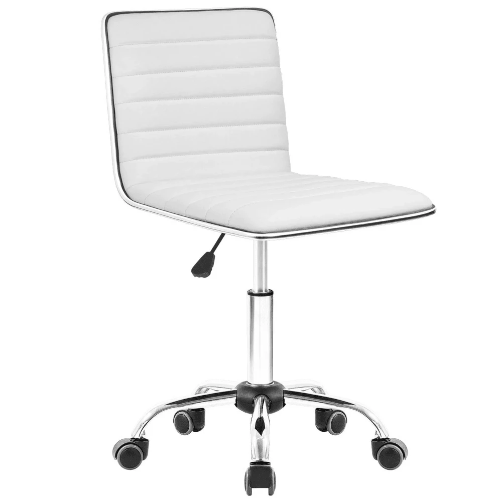 Furniwell Mid Back Vanity Chair For Makeup Room, Low Back PU Leather Swivel Computer Desk Chair, Task And Office Chair Retro With Armless Ribbed - White - View 1