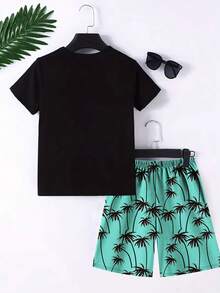 Tween Boy 2 cái/bộ Xuân/Hè 2024 Bộ áo thun ngắn tay và quần đùi đơn giản hợp thời trang mới (Trang trí và in ngẫu nhiên), - Nhiều màu - Xem 2