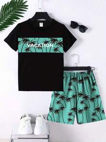 Tween Boy 2 cái/bộ Xuân/Hè 2024 Bộ áo thun ngắn tay và quần đùi đơn giản hợp thời trang mới (Trang trí và in ngẫu nhiên), - Nhiều màu - Xem 1