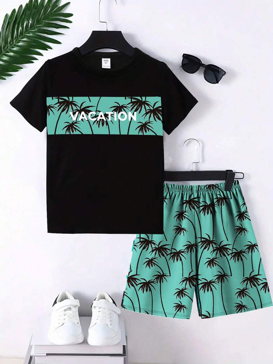 Tween Boy 2 cái/bộ Xuân/Hè 2024 Bộ áo thun ngắn tay và quần đùi đơn giản hợp thời trang mới (Trang trí và in ngẫu nhiên), - Nhiều màu - Xem 1