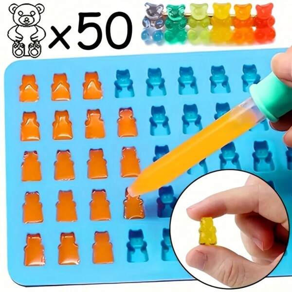 Conjunto de 2 peças, 1 molde de urso em formato de goma + 1 conta-gotas, Ferramenta de molde para assar em silicone DIY