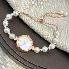1pc Ladies' White Pearl Beaded Drawstring Alloy Rose Gold Watch Casing Luxury Mother Of Pearl Textured Dial Elegant Quartz Watch Suitable For Party Decor As A Gift For Students Returning To School