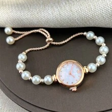 1pc Ladies' White Pearl Beaded Drawstring Alloy Rose Gold Watch Casing Luxury Mother Of Pearl Textured Dial Elegant Quartz Watch Suitable For Party Decor As A Gift For Students Returning To School