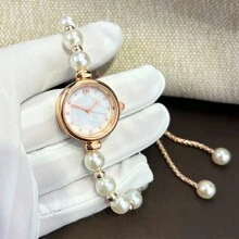 1pc Ladies' White Pearl Beaded Drawstring Alloy Rose Gold Watch Casing Luxury Mother Of Pearl Textured Dial Elegant Quartz Watch Suitable For Party Decor As A Gift For Students Returning To School