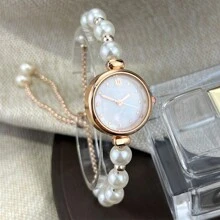 1pc Ladies' White Pearl Beaded Drawstring Alloy Rose Gold Watch Casing Luxury Mother Of Pearl Textured Dial Elegant Quartz Watch Suitable For Party Decor As A Gift For Students Returning To School