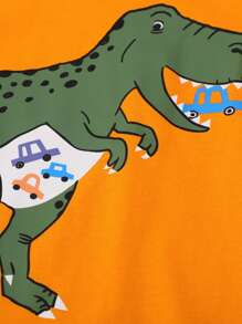 幼儿男孩休闲长袖 T 恤，恐龙和汽车印花，秋冬季时尚 - 橘色 - 查看 4