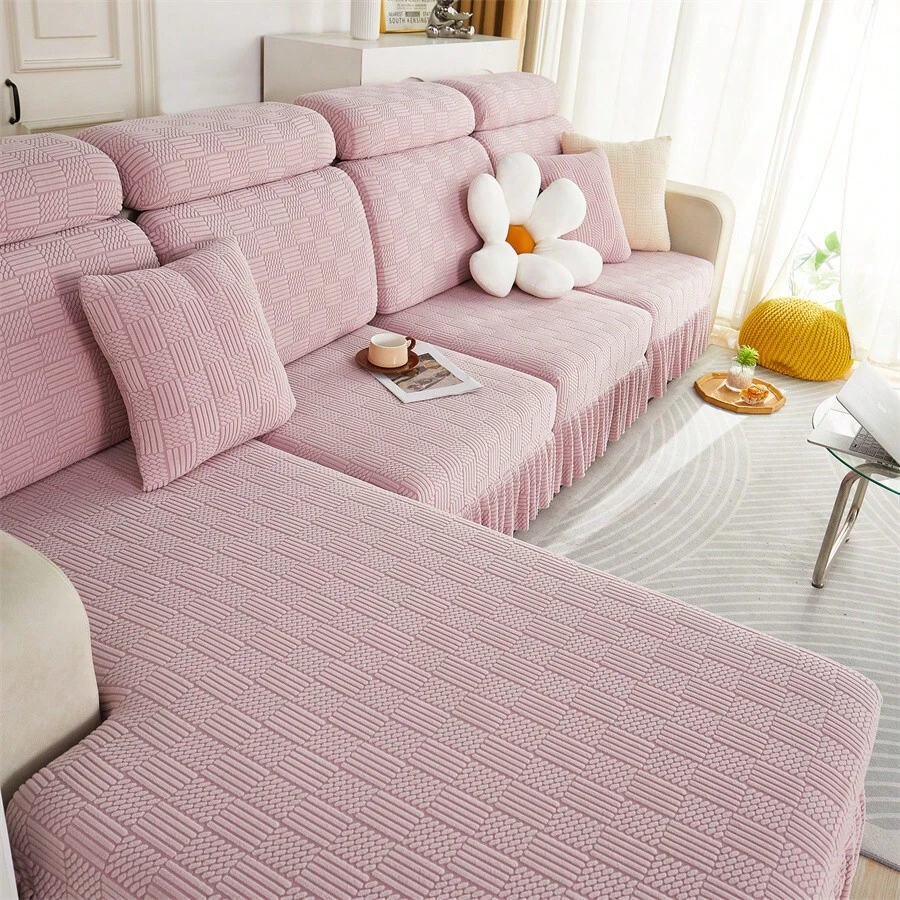 1入組彈性沙發套，座椅墊套，沙發帽，通用沙發套，全包式四季套，沙發坐墊套 - 顏紋裙邊-粉紅色 - 查看 1
