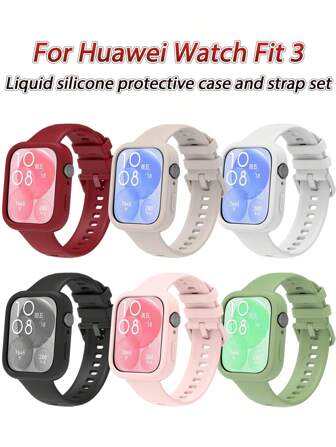 1 件套表壳和表带套装适用于华为 Watch Fit 3 色液态硅胶保护壳、糖果色保护壳和表带，适合男女佩戴，可作为返校学生的礼物