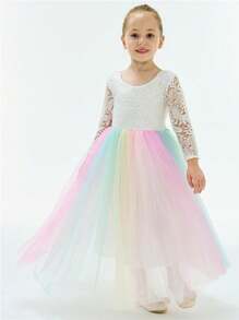 Young Girl 1pc Vintage Boho Lace Eyelash V-Back Tulle Tutu Flower Girl 3/4 Sleeve Maxi Dress - 奧布爾 - 查看 1