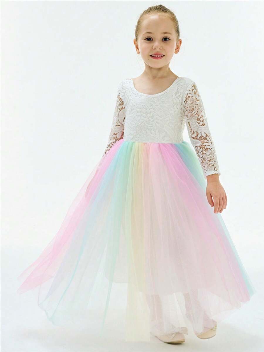 Young Girl 1pc Vintage Boho Lace Eyelash V-Back Tulle Tutu Flower Girl 3/4 Sleeve Maxi Dress - 奧布爾 - 查看 1