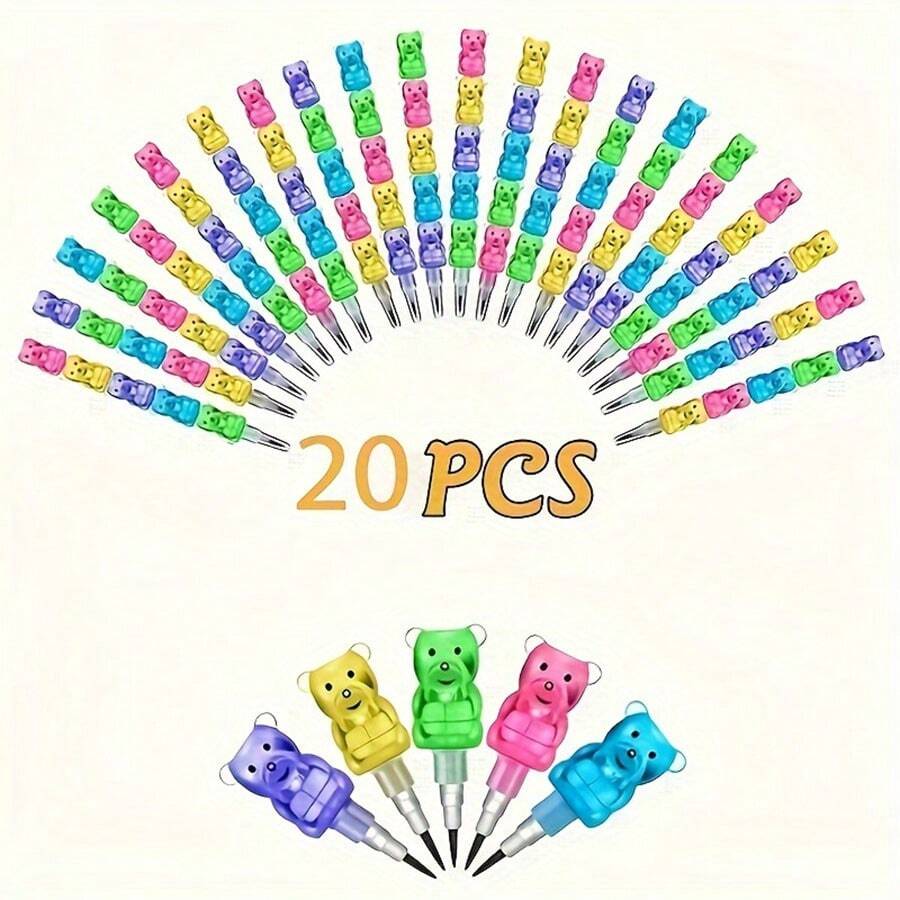 20pcs Stackable Pencils, Plastic Bear Pencil Stackable Point Pencil 5-In-1 Stackable Color Pencil, Birthday Party Supplies, School Entertainment Equipment, Multiple Uses - Multicolor - View 1