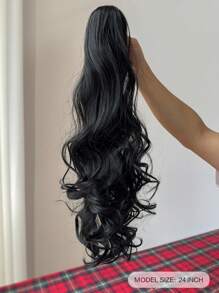 Extensiones de cola de caballo de cabello sintético ondulado marrón de 24-26 pulgadas de largo, fibra resistente al calor, diseño de pinza, adecuado para uso diario - Negro - Ver 3