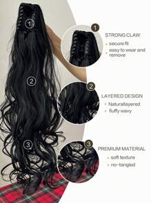 Extensiones de cola de caballo de cabello sintético ondulado marrón de 24-26 pulgadas de largo, fibra resistente al calor, diseño de pinza, adecuado para uso diario - Negro - Ver 5