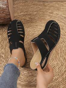 女士夏季新款轻便厚底拼接坡跟拖鞋休闲高跟凉鞋