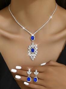 1 Vòng Cổ + 1 Đôi Bông Tai Bộ Trang Sức Cô Dâu, Khảm Kim Cương Giả, Dây Xích Xương Đòn Trái Tim Pha Lê Thời Trang Cho Nhiều Dịp Khác Nhau - Bạc - Xem 11