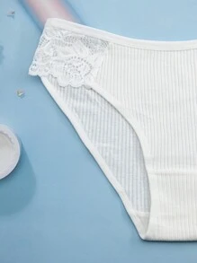 4入組對比蕾絲彈力針織短褲 - 白色 - 查看 7