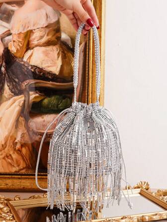 Evening Party Bag With Flower Basket, Tassel, Rhinestone Decoration, Handbag, Fashionable Bag For Banquet, Dance Party, And Celebration