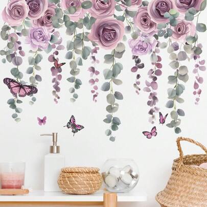 1 Juego (2 Uds) De Pegatinas De Pared Decorativas Para El Hogar, Cocina, Comedor, Vid De Flores De Acuarela