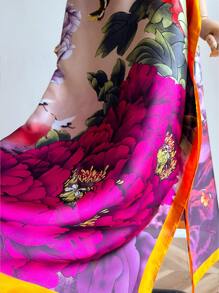 1pc Elegant Floral Print Lightweight Chiffon Shawl, Suitable For Summer Beach, Sun Protection, Decorative Scarf For Daily Outfit - Multicolor - View 4