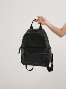 Punk Style Rivet Skulls Backpack, Large Capacity PU Leather Women's Shoulder Bag, Four Seasons New Arrival, Suitable For Students, School Backpack, Halloween Bags Perfect For Fancy Party Matching With Halloween Costumes - Black - View 3