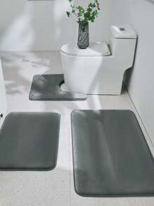 Set de 3 alfombrillas de baño de espuma de memoria de unicolor, aptas para el baño, el inodoro y la decoración del hogar - Decoración de baño del hogar Alfombra de baño Alfombra para el piso Alfombra para exteriores Felpudo de puerta Accesorios de baño de verano - Gris Oscuro - Ver 2