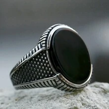 復古時尚黑色瑪瑙銀款男戒，朋克商務派對嘻哈風格男士禮物 - 銀色 - 查看 7