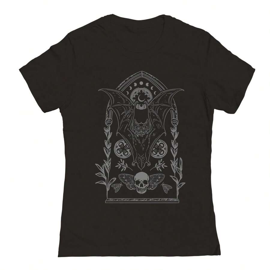 Nearly There Bat Halloween Graphic Ladies Cotton T-Shirt - Preto - Visão 1