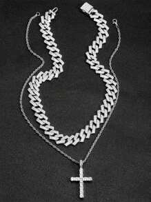 2PCS Necklace Paired With Vintage Cross Pendant Necklace Made Of Rhinestone Material Fashionable Vintage Set Birthday Gift For Men