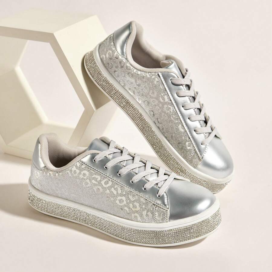 Zapatillas deportivas de tenis con brillo para mujer, zapatillas brillantes para ocasiones neon, con pedrería, estampado de leopardo y lentejuelas brillantes - Plateado - Ver 1