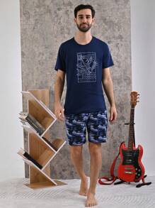 ADORMIR Conjunto de Pijama Short y Camiseta para Hombre - Azul Marino - Ver 1