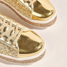 女士閃亮網球鞋霓虹禮服閃爍運動鞋鑲有水晶閃石的婚禮新娘鞋閃亮亮片鞋 - 金色 - 查看 5