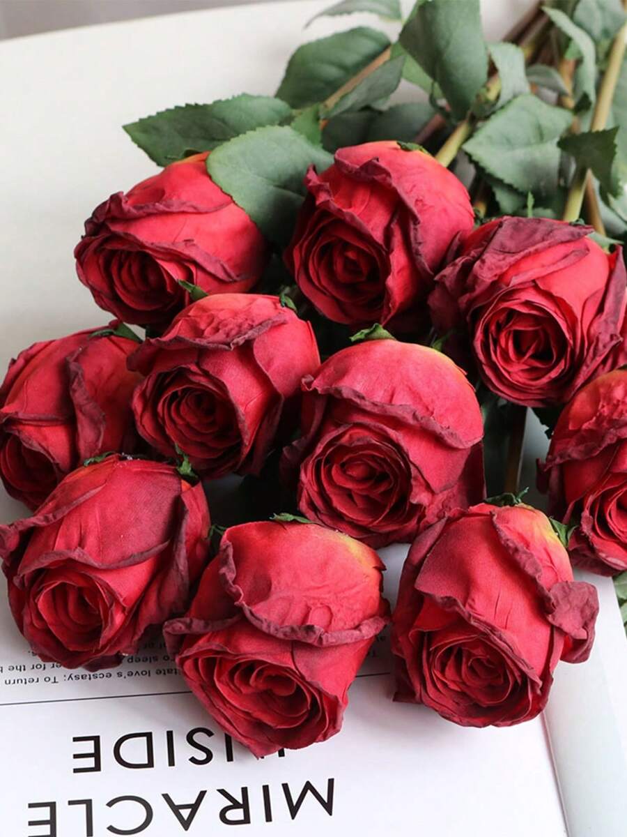 2 Pcs Artificial Rose Flowers 22.83in Burnt Edge Long Stem Silk Fake Roses For DIY Wedding Bouquet Table Centerpiece Home Decor - Red - View 1