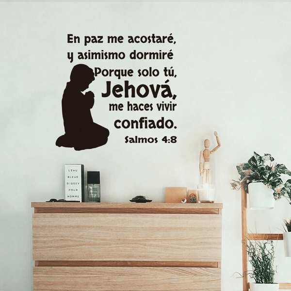 1 peça Adesivo de Parede em Espanhol Bíblia Salmo 4:8 Cristão Jesus Oração Decalque Decoração de Casa Para Sala de Estar Quarto