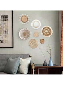 7pcs' Rustic Hanging Boho Flat Woven Farmhouse Rattan Wall Decor Wall Basket For Living Room Bedroom Decoration,Home Decor ,Room Decor,Wall Decor Gifts Birthday Graduation - Multicolor - View 8