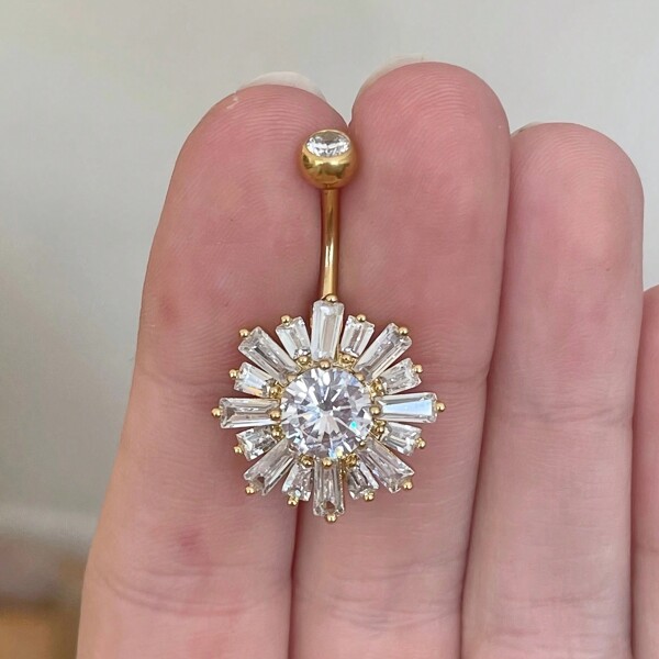 SENLANSP 1pc Gorgeous Stainless Steel Sunburst Star Belly Button Ring, Perfect For Women's Daily Wear