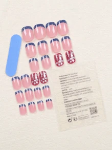 24短型橢圓形藍色閃粉法式紅白配件星星閃粉美甲貼片，適用於派對跳舞日常穿著，完全覆蓋您的假指甲，搭配果凍棒及指甲修整梳 - 彩色 - 查看 2