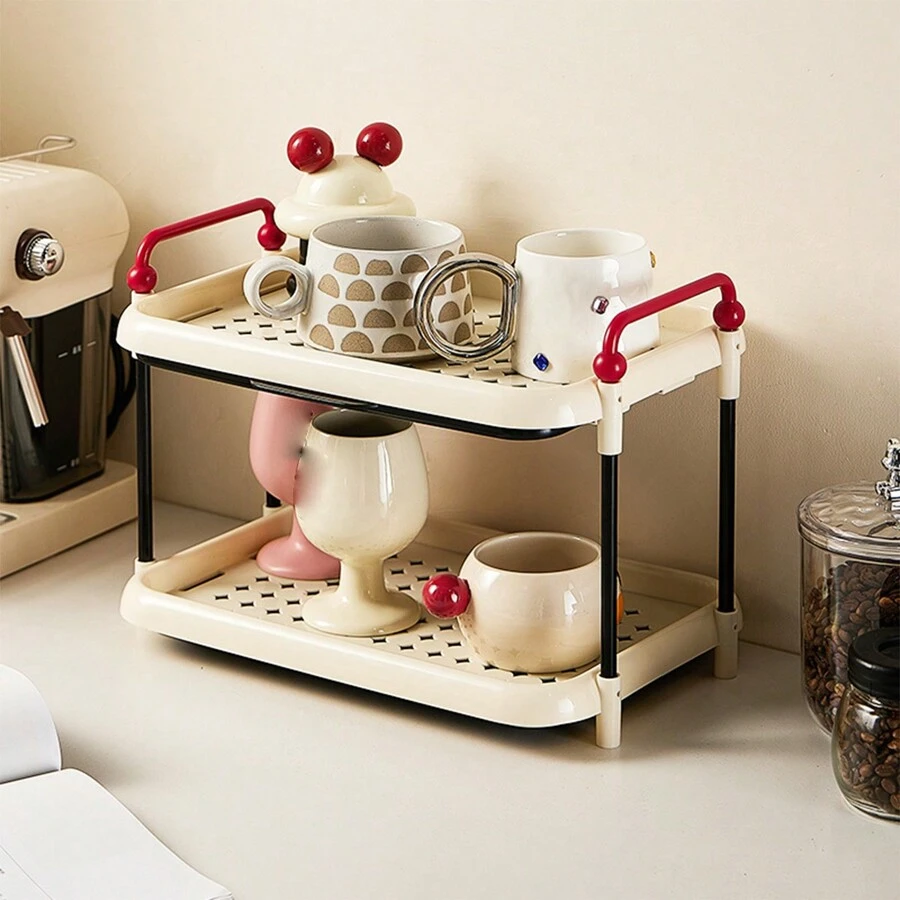 1pc Cup Storage Rack With Drain Tray Double-Layer Desktop Bar Countertop Cup Holder For Coffee, Tea Cups And Cream Cans - White - View 1