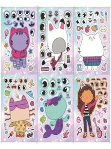 6pcs Cartoon Guppy, Animal, Dinosaur, Ice Cream Stickers For DIY Face Swap & Cartoon Decoration, Waterproof Stickers For Student Classroom Interaction And Gift Giving. - Multicolor - View 2