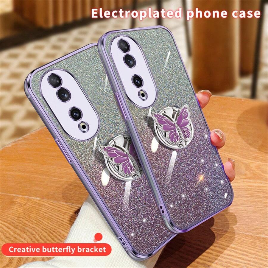 Custodia per telefono a farfalla in metallo con placcatura scintillante e supporto pieghevole, compatibile con telefoni Huawei/Honor, per Honor 200 Lite, Honor 90 Smart X7B X8B X9B, elegante scintillante colorata placcato morbido guscio per le donne, copertura protettiva antigraffio - Glitter elettrolitico viola + staffa a farfalla in metallo - Visualizzare 1