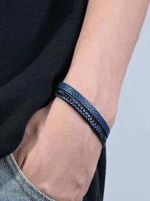 Pulsera trenzada en capas de moda y popular para hombres PU para vacaciones y para una apariencia elegante - Azul Marino - Ver 2
