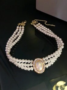1對耳環和1件項鍊，優雅復古珍珠吸人眼球，獨特而奢華的設計，鎖骨鍊套裝 - 彩色 - 查看 3