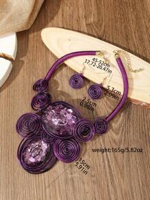 誇張的多層手工編織時尚復古鋁線、亞克力、玻璃和水晶派對假期頸鍊和耳環套裝 - 彩色 - 查看 7