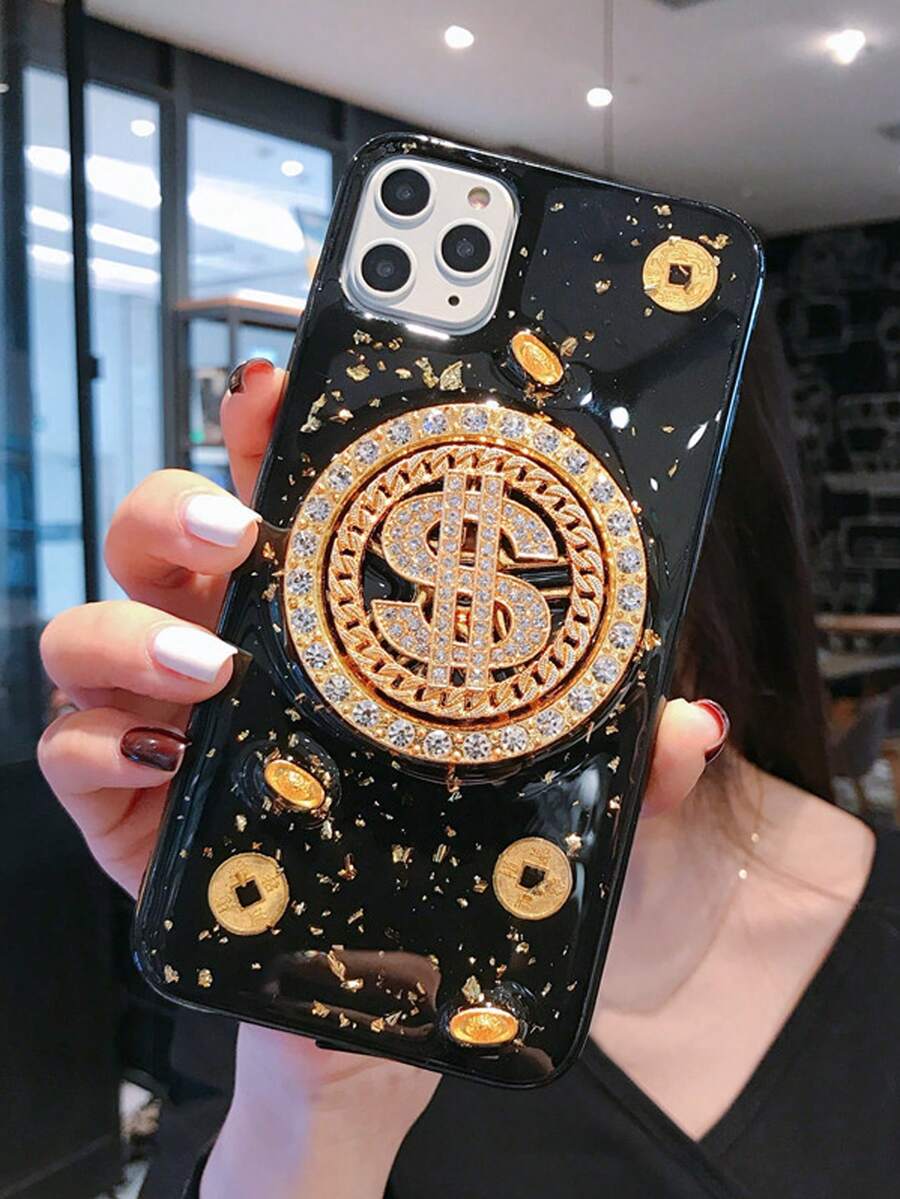1 cover per telefono nera rotatabile con un dollaro d'oro e foglia d'oro adesiva più diamante, compatibile con IPhone11/12/13/14/15/15 Plus/15 Pro/15 Pro Max.